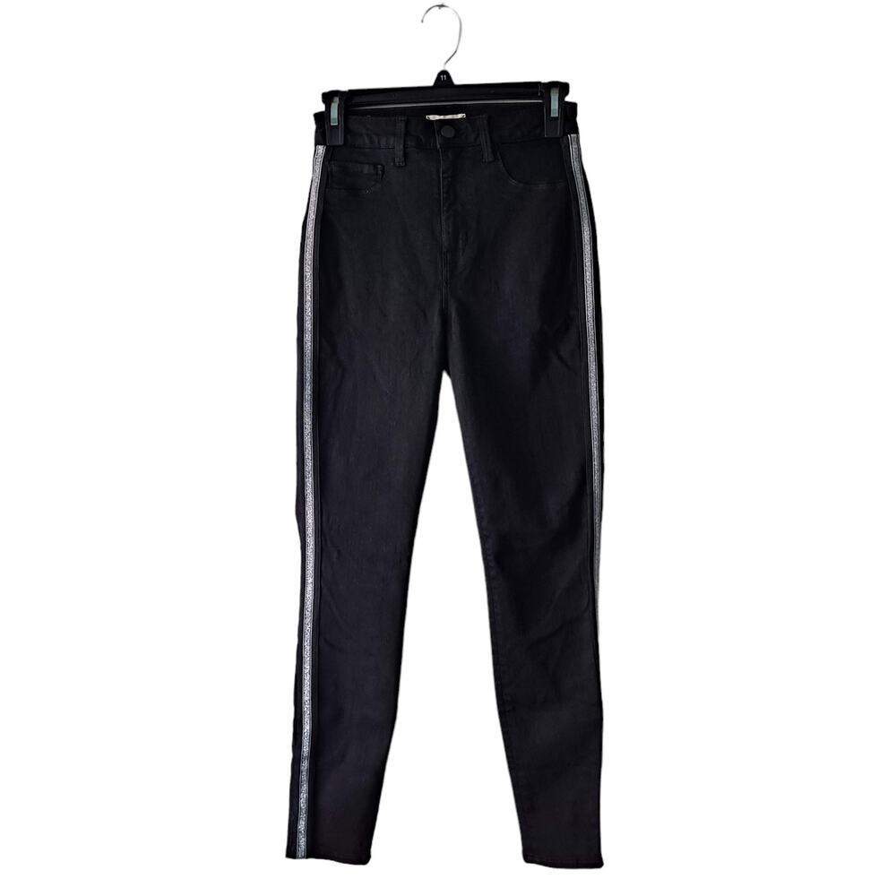 L'Agence Black Stretch Pants with Silver Metallic Tuxedo Striping - Size 25